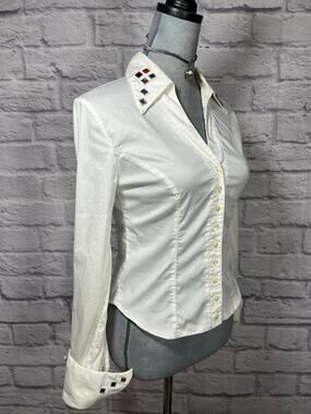 Y2K McBling Rayure Paris Rhinestone Studded Button Down Blouse